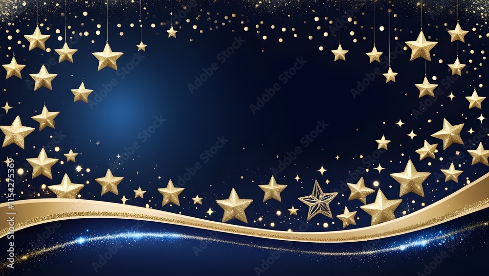 Naklejka premium On a dark blue sky-like background, there are gold stars and glittering glitter for Christmas and New Year's. Festive greeting cards, site designs, holiday banners, seasonal marketing collateral, cont