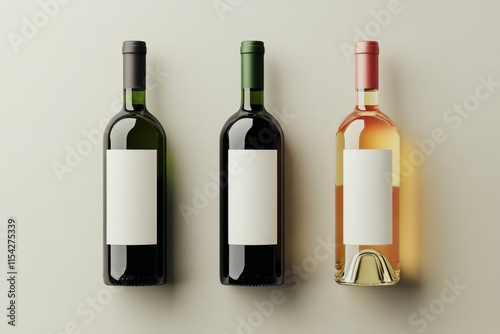 A flat-lay of three wine bottles with blank labels on a neutral background