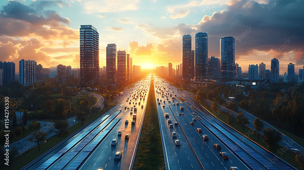 Fototapeta premium Sunset cityscape with highway traffic.