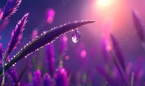 Dewdrop on purple grass at sunrise.