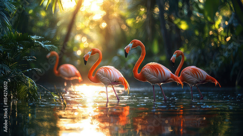 A group of flamingos wading in a shallow lake. photo