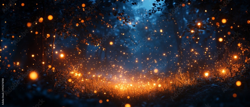 Naklejka premium fireflies flickering across a dark, starry sky. Generative AI