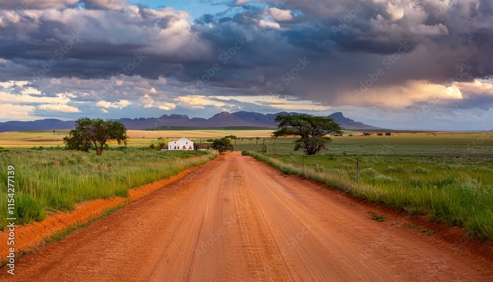 Fototapeta premium a horizontal shot of a rural dust avenue in bisecting two farms in opposition to a backdrop of a dramatic sormy cloudy sky at susnet bloemfontein unfastened nation south africa