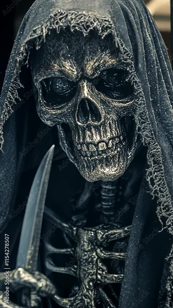 Dark figure of a skeletal grim reaper holding a scythe in a shadowy atmosphere during Halloween night Dark figure of a skeletal grim reaper holding a scythe in a shadowy atmosphere during Halloween night