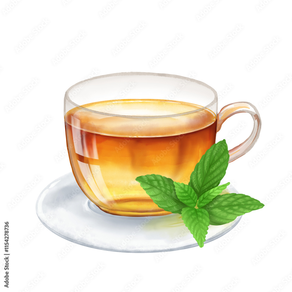 Cup of herbal tea with mint leaves. Hand drawn illustration Cup of herbal tea with mint leaves. Hand drawn illustration