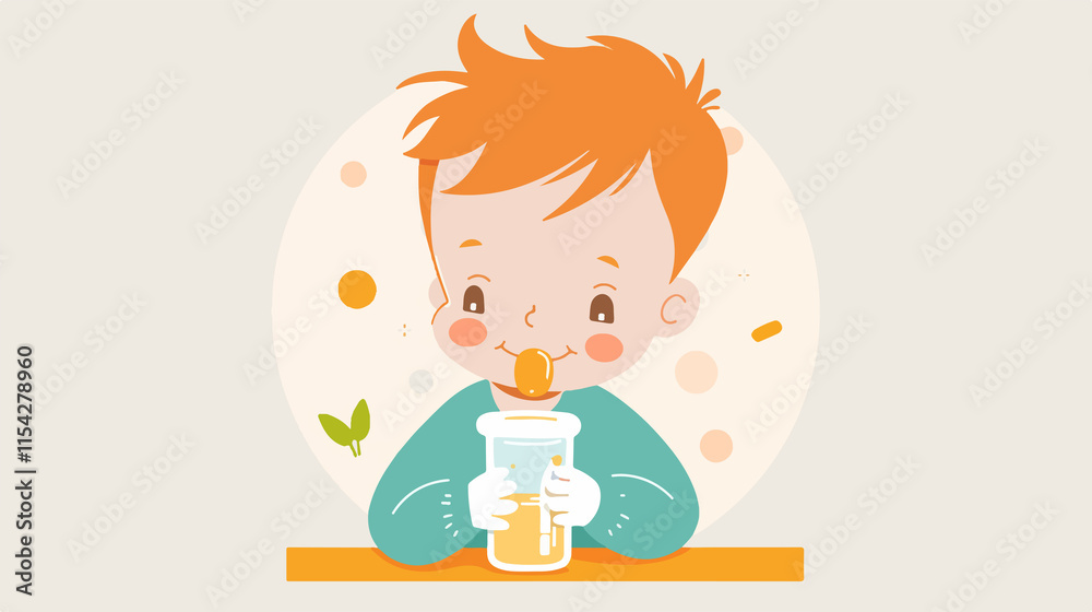Baby Drinking Vitamins Syrup Vector Illustration