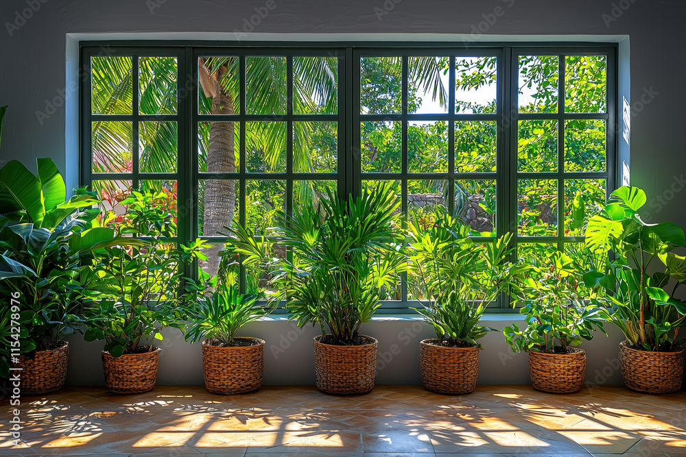 A row of potted plants sits in front of a large window overlooking the lush greenery outside. The sunlight streaming through the window creates a calm and bright atmosphere. A row of potted plants sits in front of a large window overlooking the lush greenery outside. The sunlight streaming through the window creates a calm and bright atmosphere.