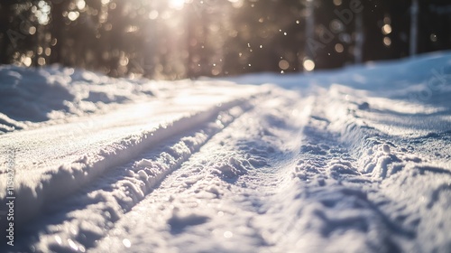 Snow-covered path illuminated by sunlight, creating serene winte photo