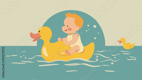 Cute Baby Enjoying Ride on Rubber Duck - Vector Illustration