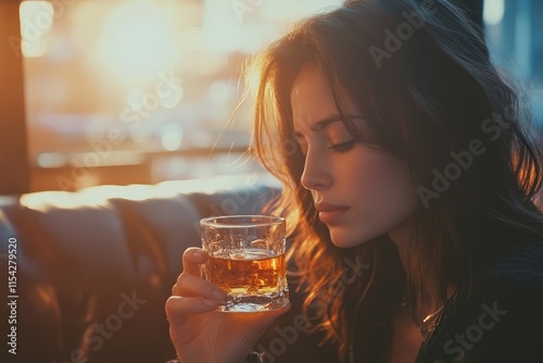 depression and anxiety woman drinking whisky alone, Generative AI
