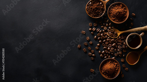 Background with coffee beans, coffee cup, cocoa powder photo