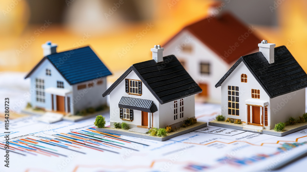 Row of Miniature Houses on a Real Estate Report with Upward Arrows Representing Property Investment Trends Row of Miniature Houses on a Real Estate Report with Upward Arrows Representing Property Investment Trends