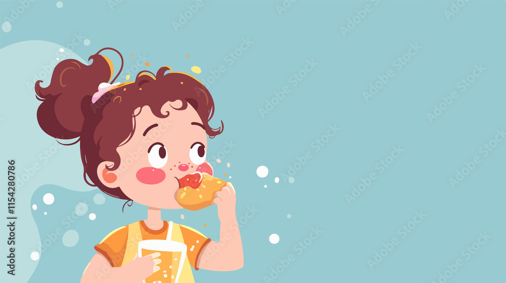 Cute Little Girl Enjoying Delicious Chicken Meal Vector Illustration