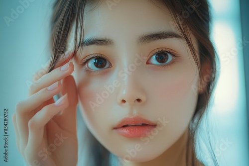 Bored, insomnia asian young woman, girl looking at mirror hand touching under eyes with problem of black circles or panda puffy, swollen and wrinkle on face. Sleepless, sleepy healthcare, Generative 
