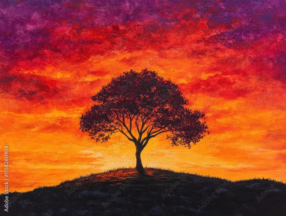 Fototapeta premium A silhouette of a tree against a vibrant sunset sky.