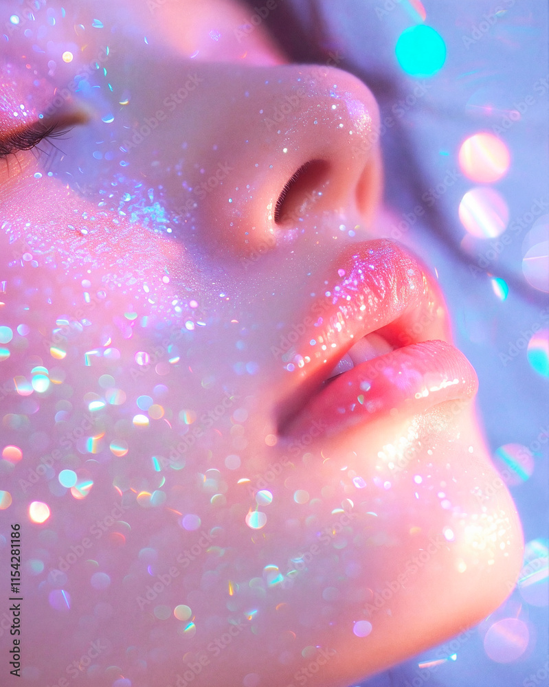 Fototapeta premium Female face in radiant pink glitter. Beautiful portrait of a young girl for makeup and cosmetics advertisement