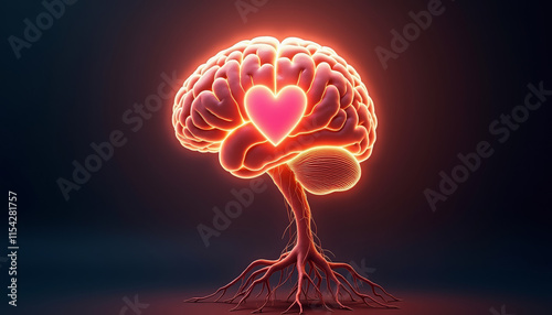 Brain with a heart symbol representing emotional intelligence and cognitive connection concept.
