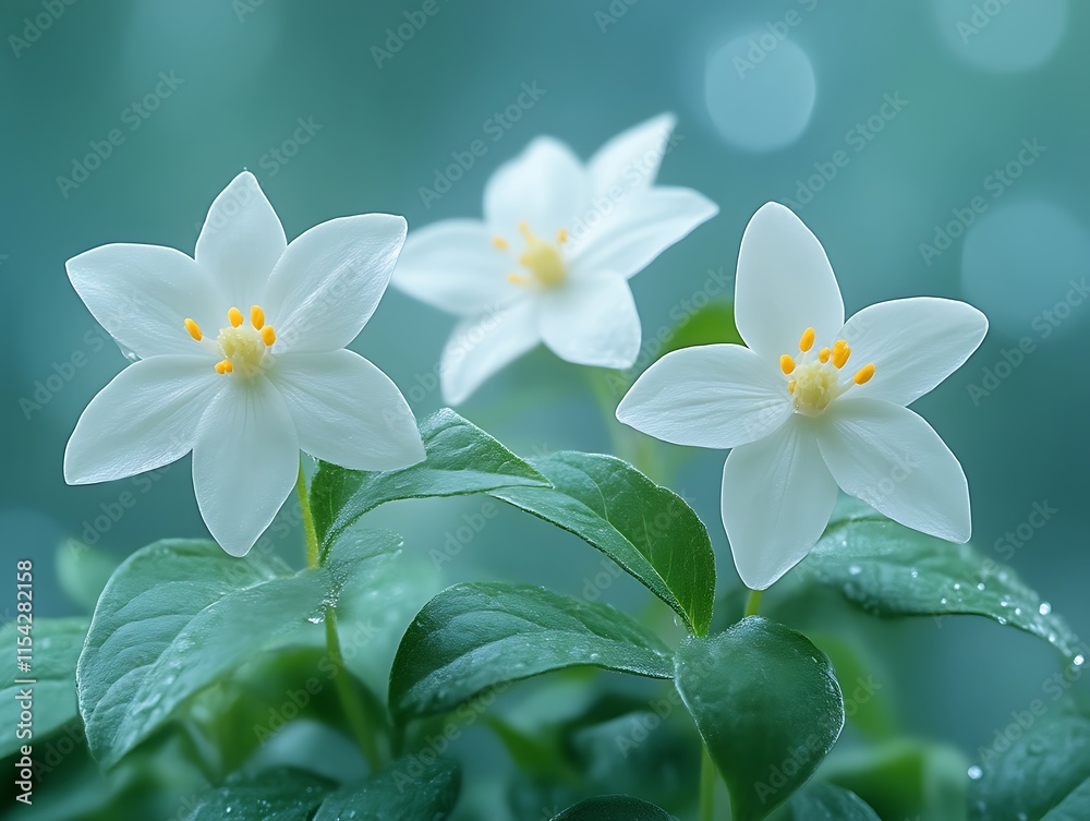 Three Delicate White Flowers Blossom Amidst Lush Green Foliage Three Delicate White Flowers Blossom Amidst Lush Green Foliage
