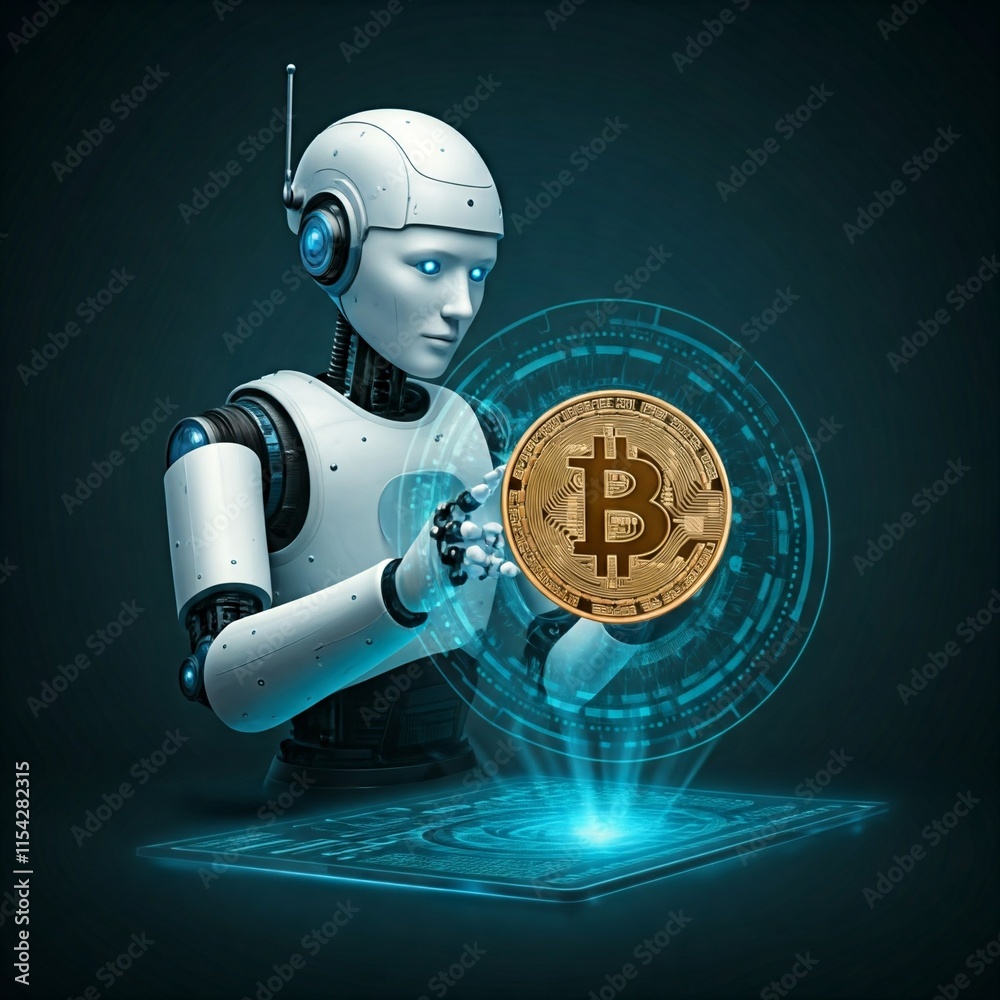 Naklejka premium robot holding bitcoin, cryptocurrency and business asset concept