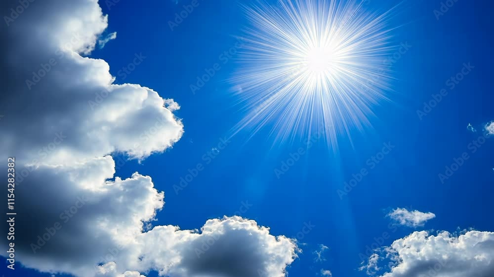 Bright sun shines over a picturesque sky filled with fluffy clouds on a clear day Bright sun shines over a picturesque sky filled with fluffy clouds on a clear day