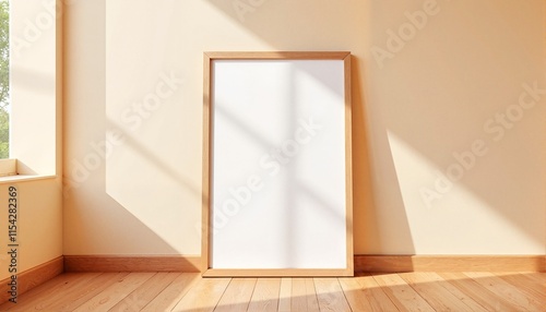 Wooden frame mockup leaning against a wall in a sunlit room with natural light and shadows, copy space