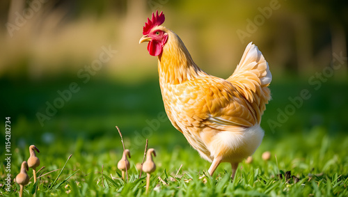 Portrait of a chicken (Gallus gallus domesticus), hen standing in a field; Upper Palatinate, Bavaria, Germany photo