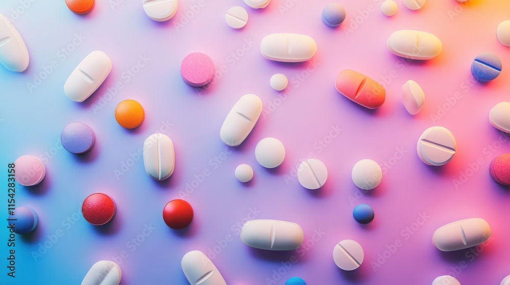 A vibrant collection of colorful pills and tablets scattered on a pastel background. The various shapes and sizes create a visually appealing texture. A vibrant collection of colorful pills and tablets scattered on a pastel background. The various shapes and sizes create a visually appealing texture.