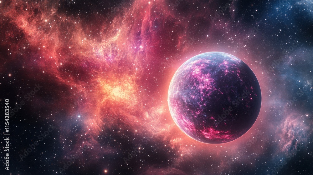 Obraz premium A vibrant exoplanet glows with pink and purple hues against a backdrop of a fiery nebula. Cosmic dust and stars fill the vast expanse of space.