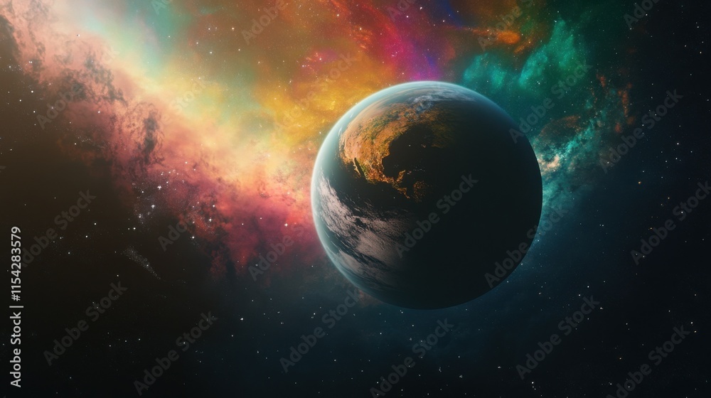 Obraz premium A mesmerizing view of planet Earth from space, bathed in the vibrant hues of a colorful nebula. The cosmic scene is a breathtaking blend of dark space and bright, swirling gases.