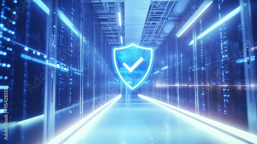 Server room security system showing check mark inside shield icon protecting data center