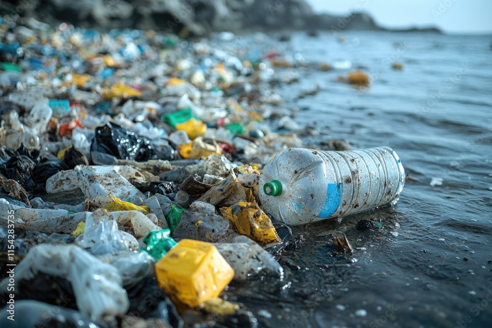 A plastic bottle sits on the beach next to the ocean, highlighting the issue of pollution and waste A plastic bottle sits on the beach next to the ocean, highlighting the issue of pollution and waste