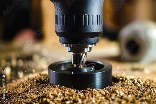 A close-up shot of a drill bit on a wooden surface, ideal for DIY or construction projects photo