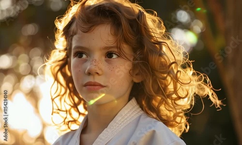 A young child with curly hair gazes thoughtfully into the distance.