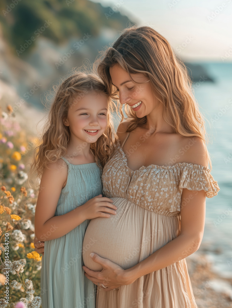 Fototapeta premium Smiling mother shares a tender moment with her pregnant daughter by the shore