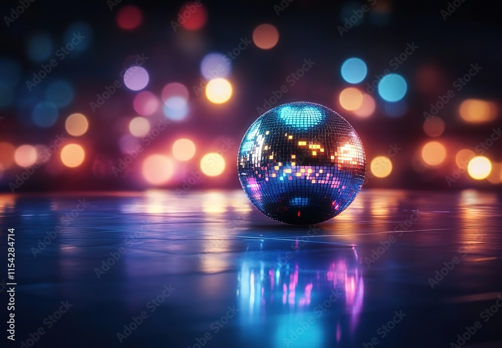Fototapeta premium Realistic 3D rendering of an illuminated disco ball on the floor, creating reflections and colorful lights in the background. 