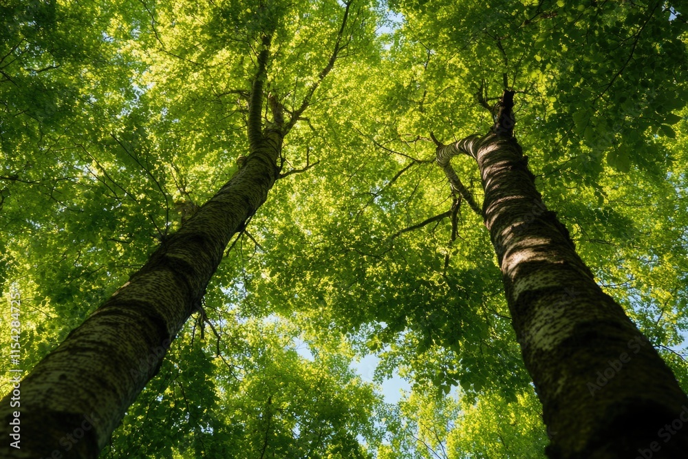 Fototapeta premium Two tall trees stand amidst a dense forest