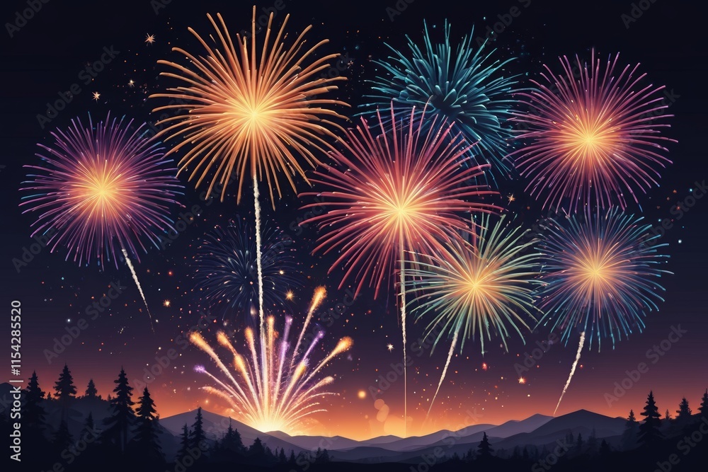 fireworks in the night sky with mountains and trees in the background fireworks in the night sky with mountains and trees in the background