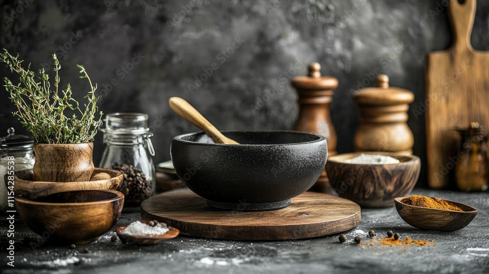 Rustic cooking setup with herbs and spices Rustic cooking setup with herbs and spices
