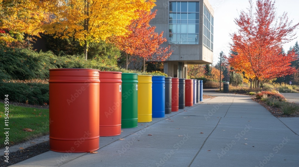 Obraz premium Colorful Campus Trash Cans Under Bright Sunlight