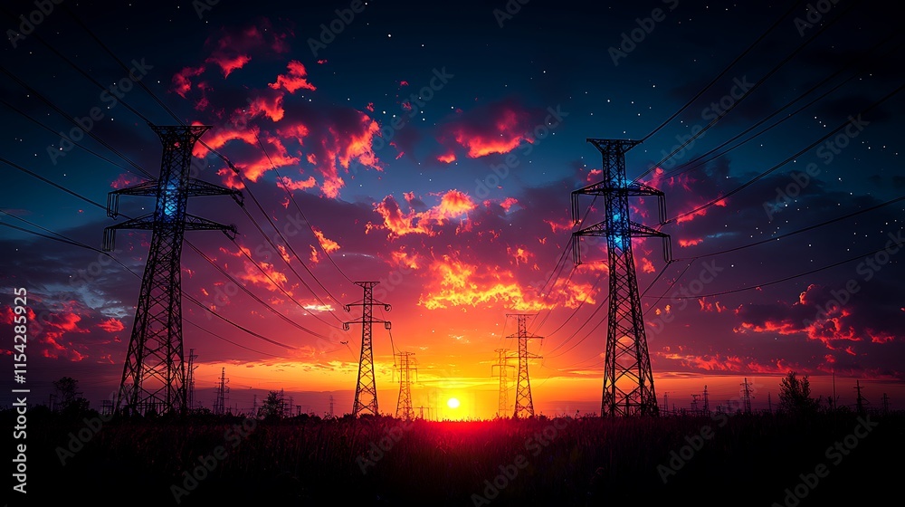 Naklejka premium Electric Towers Silhouetted Against a Vivid Sunset Sky