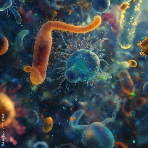 Vibrant microorganisms floating in water with glowing textures and dynamic movement