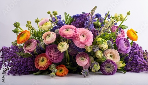 colourful bunch of plant life on white heritage offering billy buttons and purple rununculas