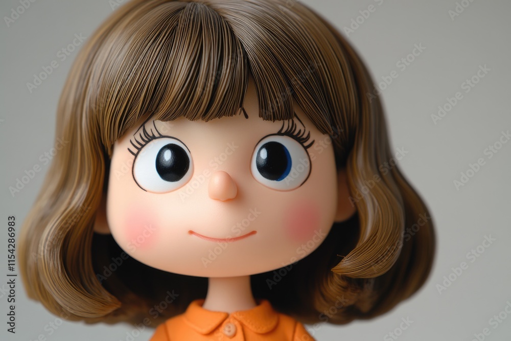 A detailed view of a doll's face, featuring big expressive eyes A detailed view of a doll's face, featuring big expressive eyes