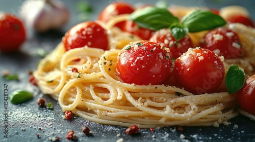 A plate of spaghetti with fresh cherry tomatoes and basil, perfect for a quick dinner or lunch photo