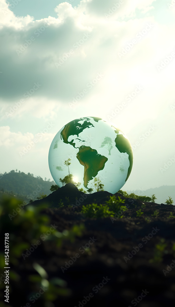 world environment and earth day concept green globe in eco friendly environment, dramatic atmosphere, with white tones world environment and earth day concept green globe in eco friendly environment, dramatic atmosphere, with white tones
