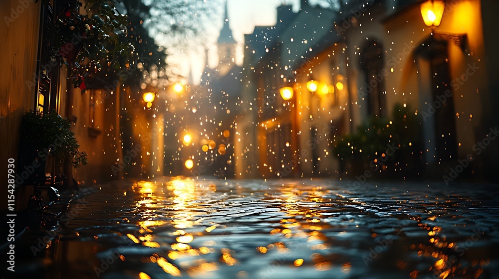 Rainy cobblestone street at night, glowing streetlights reflecting on wet pavement. Rainy cobblestone street at night, glowing streetlights reflecting on wet pavement.