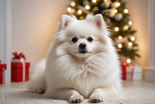 araffe dog sitting on the floor in front of a christmas tree photo