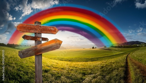panorama rainbow signposts life metaphor sunshine showers