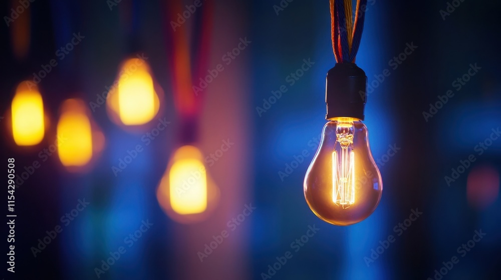 A single illuminated light bulb hangs in the foreground, with several others softly blurred in the background. The warm glow of the bulbs contrasts against the cool blue hues of the setting. A single illuminated light bulb hangs in the foreground, with several others softly blurred in the background. The warm glow of the bulbs contrasts against the cool blue hues of the setting.
