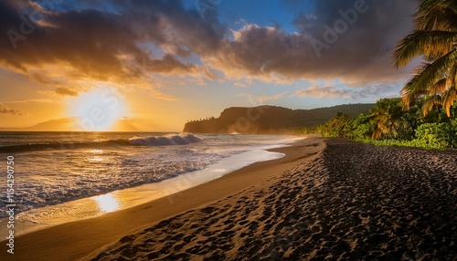 beautiful golden hour on maunabo black sand beach from puerto rico east facet
